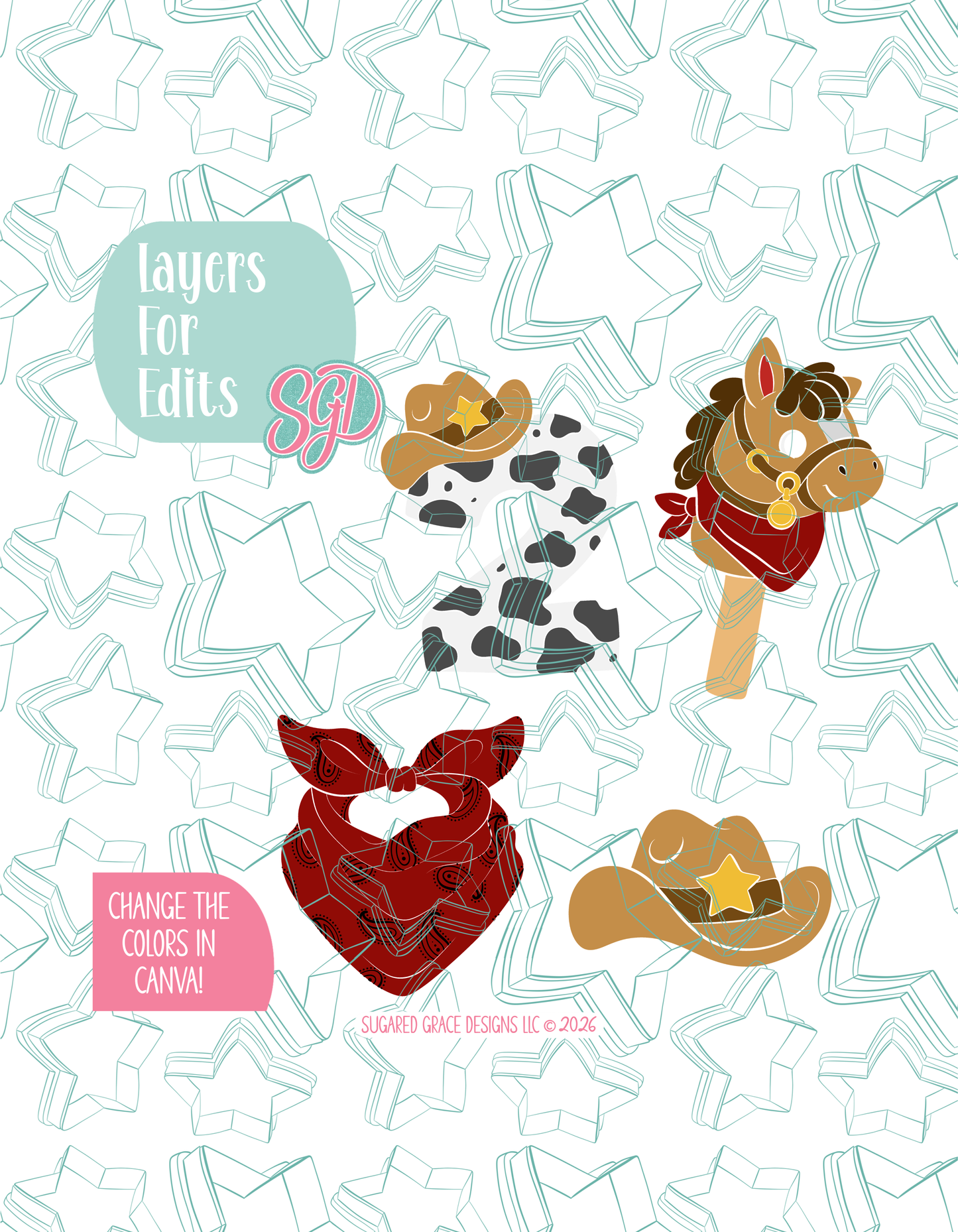 03/26 Monthly Batch - featuring 4 Cookie Cutter STL designs, 2 Cookie Tags, & 2 Printable Patterns - Rootin Twotin Cowboy