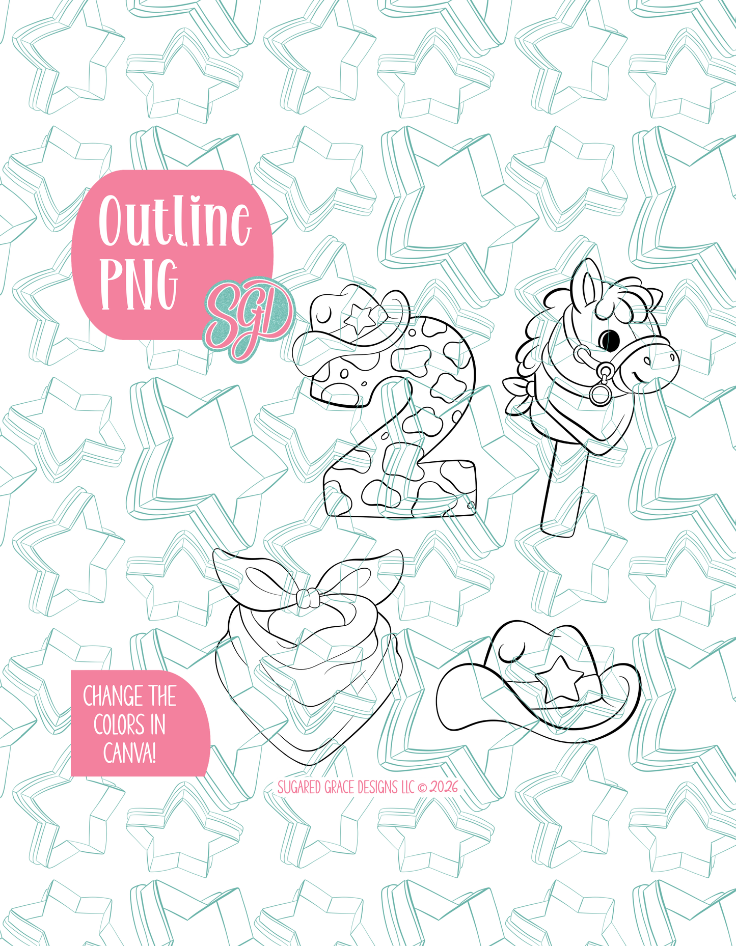 Rootin Twotin Birthday PNG Set of 4 Designs for Edible Ink Printers - Hand Drawn Editable Graphics (Digital Download)