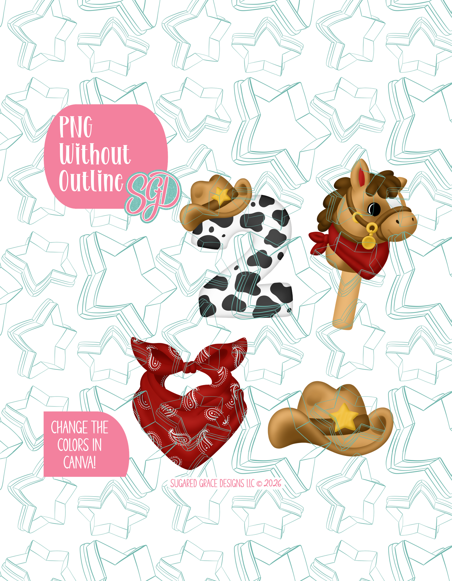 Rootin Twotin Birthday PNG Set of 4 Designs for Edible Ink Printers - Hand Drawn Editable Graphics (Digital Download)