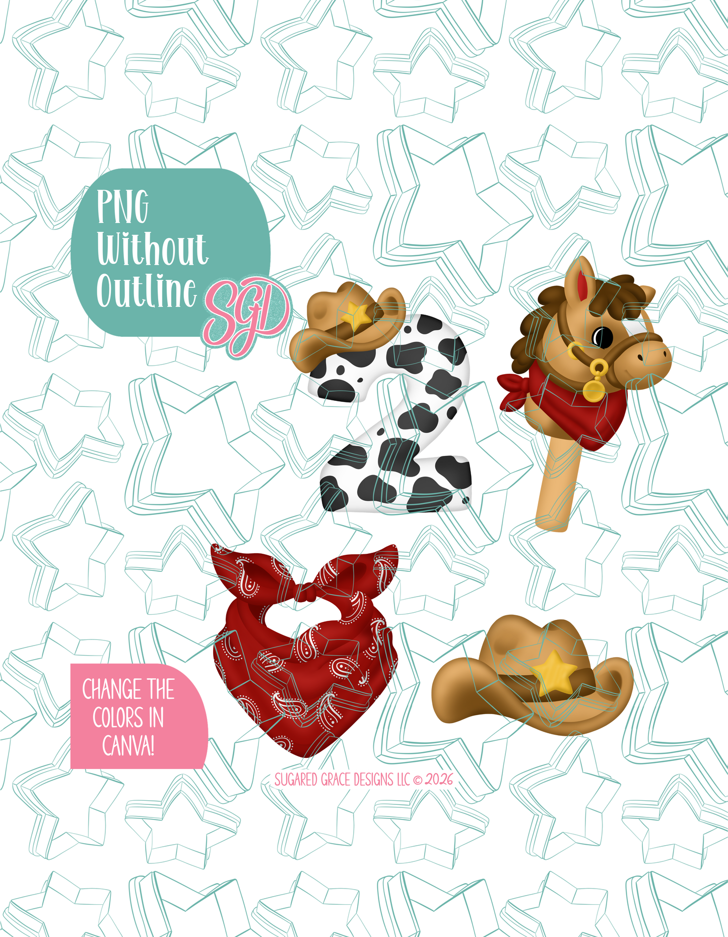 Rootin Twotin Birthday Cookie Cutter set with matching PNG - Set of 4 Designs