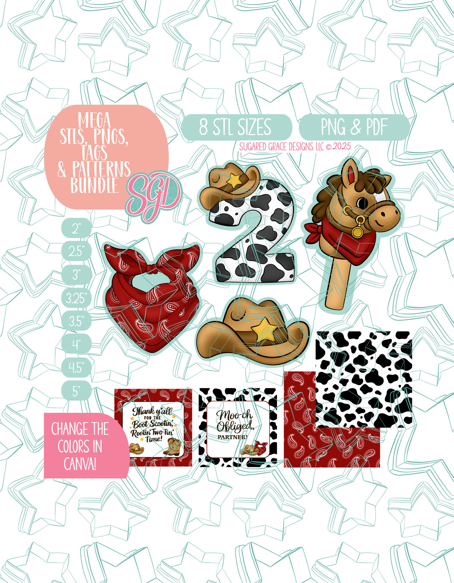 03/26 Monthly Batch - featuring 4 Cookie Cutter STL designs, 2 Cookie Tags, & 2 Printable Patterns - Rootin Twotin Cowboy