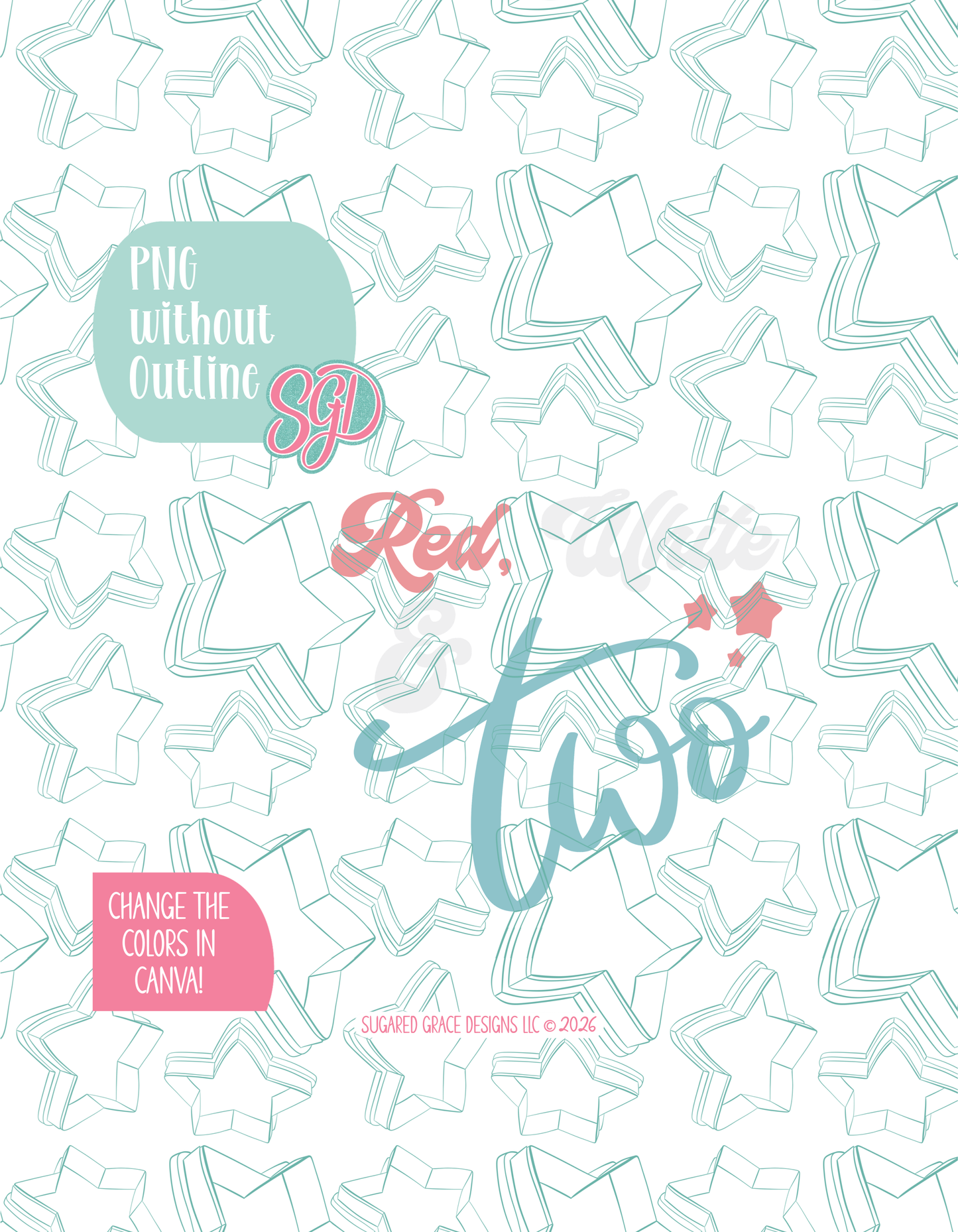 Full color version of the illustrated Red White and Two Plaque, shown without black outlines on a background watermarked with Sugared Grace Designs’ tag star pattern