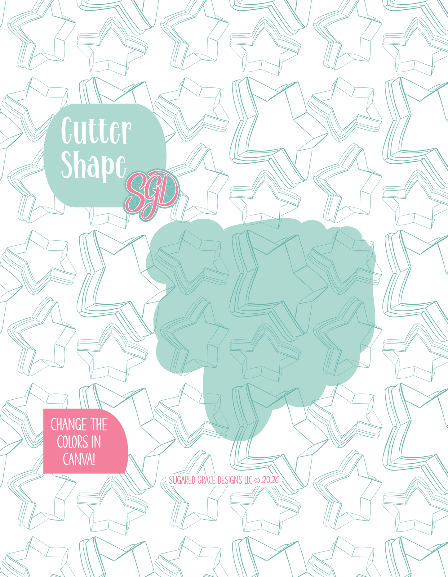 Solid teal silhouette showing the exact outer shape of the Red White and Two Plaque cookie cutter, displayed on a background watermarked with Sugared Grace Design’s teal star pattern
