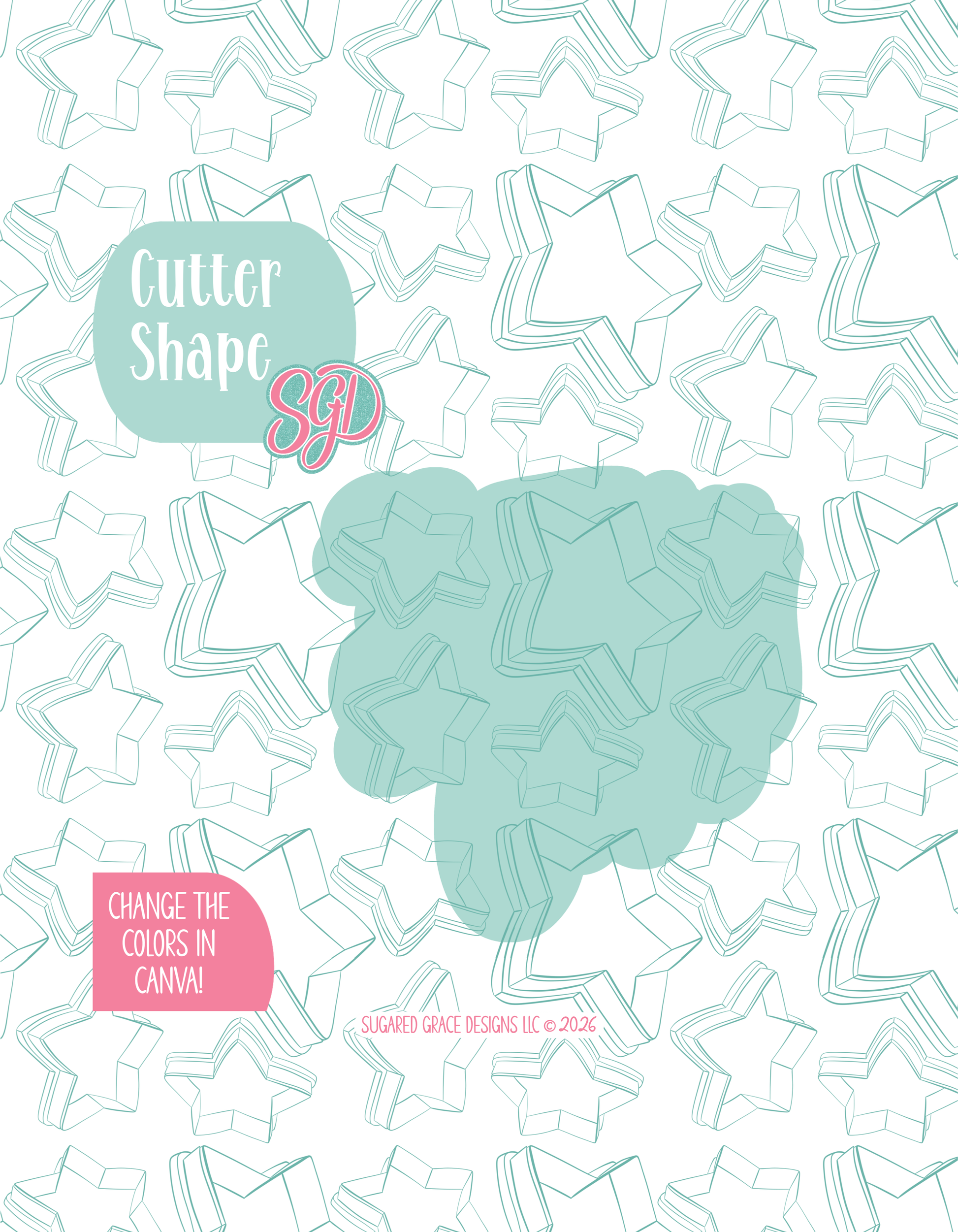 Solid teal silhouette showing the exact outer shape of the Red White and Two Plaque cookie cutter, displayed on a background watermarked with Sugared Grace Design’s teal star pattern