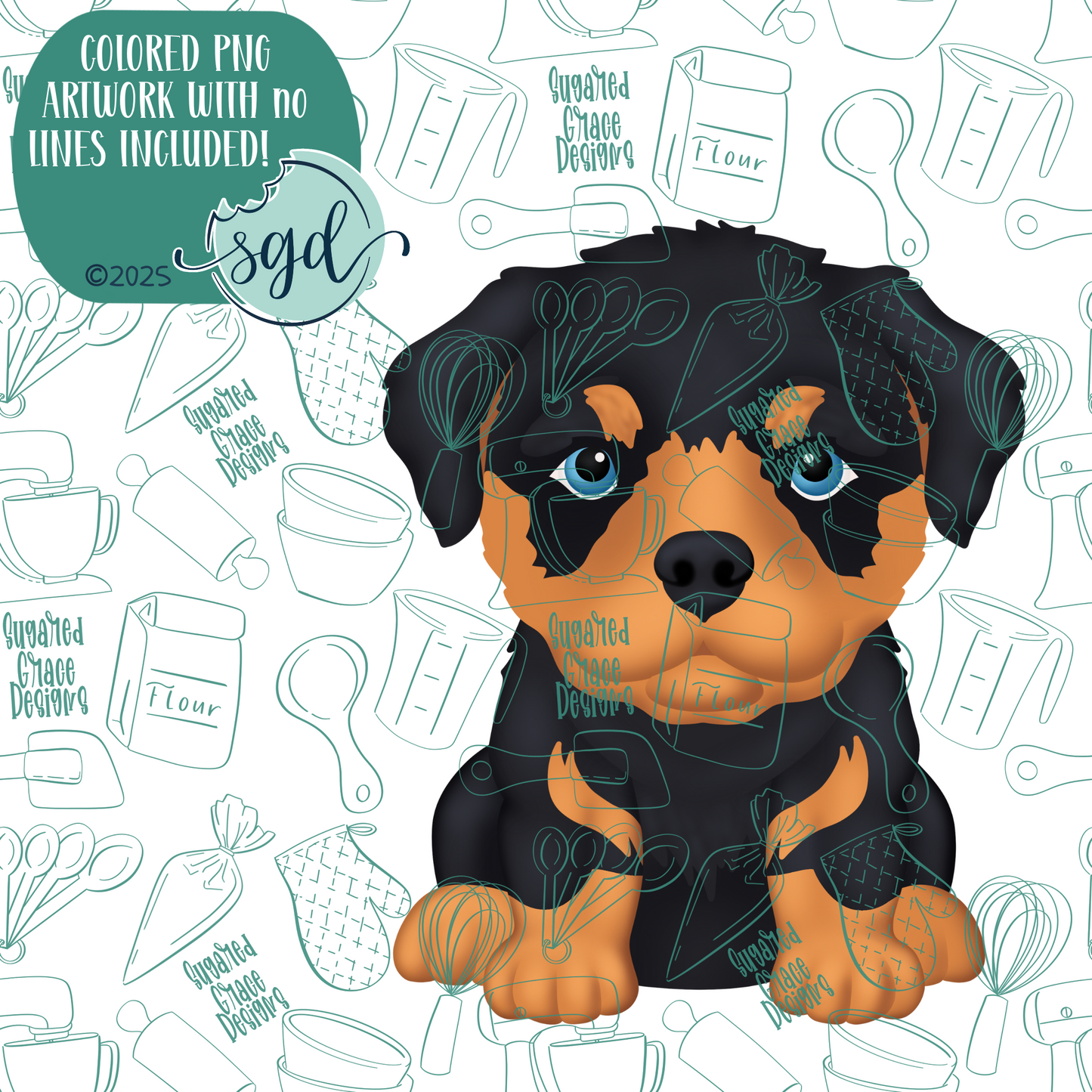 Rottweiler Dog Puppy Cookie Cutter with PNG Images to Match - Hand Drawn Graphics for Edible Ink Printers