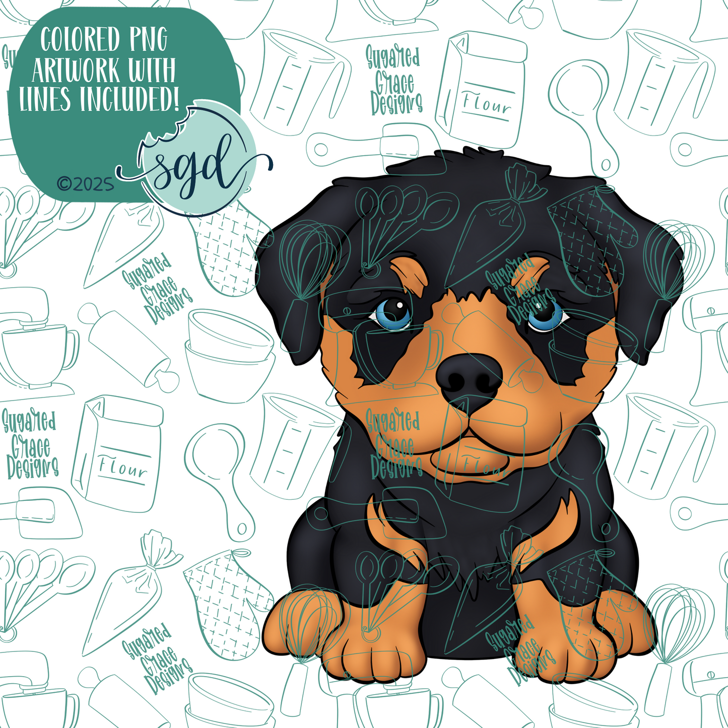 Rottweiler Dog Puppy Cookie Cutter with PNG Images to Match - Hand Drawn Graphics for Edible Ink Printers