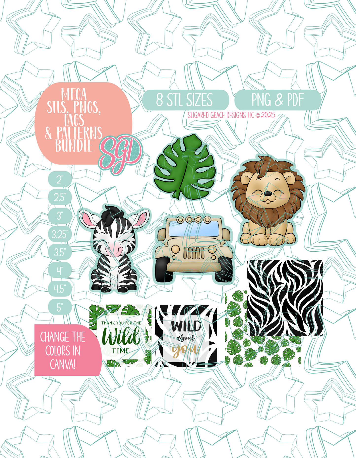 02/26 Monthly Batch - featuring 4 Cookie Cutter STL designs, 2 Cookie Tags, & 2 Printable Patterns - Safari