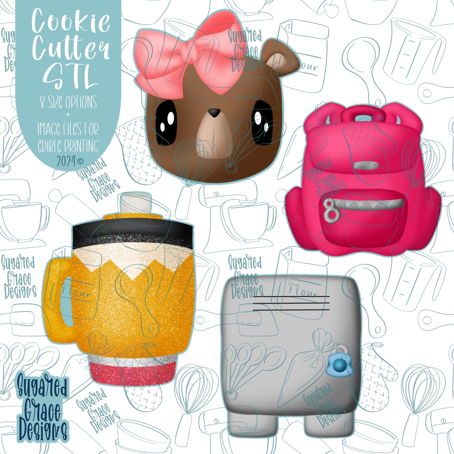 Back To School Bear Cookie Cutter STL File Set with Matching Printable PNG Images for Edible Ink Printers Including Eddie