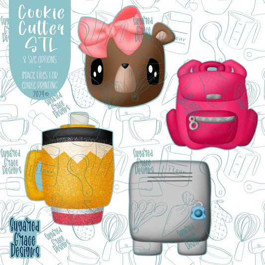 Back To School Bear Cookie Cutter STL File Set with Matching Printable PNG Images for Edible Ink Printers Including Eddie
