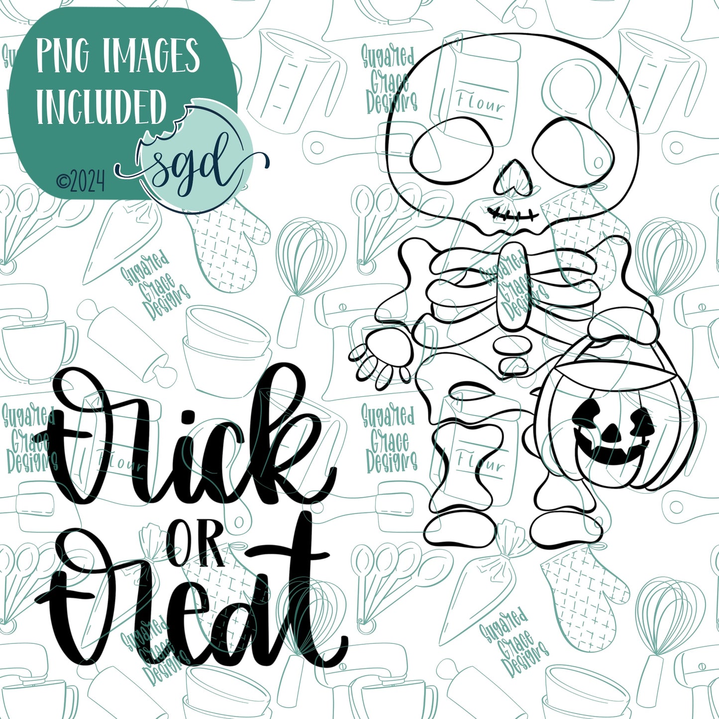 Skeleton Trick or Treat Cookie Cutter Set of 2 with PNG Images to Match - Hand Drawn Graphics for Edible Ink Printers - Halloween Cookie Ideas for Bakers