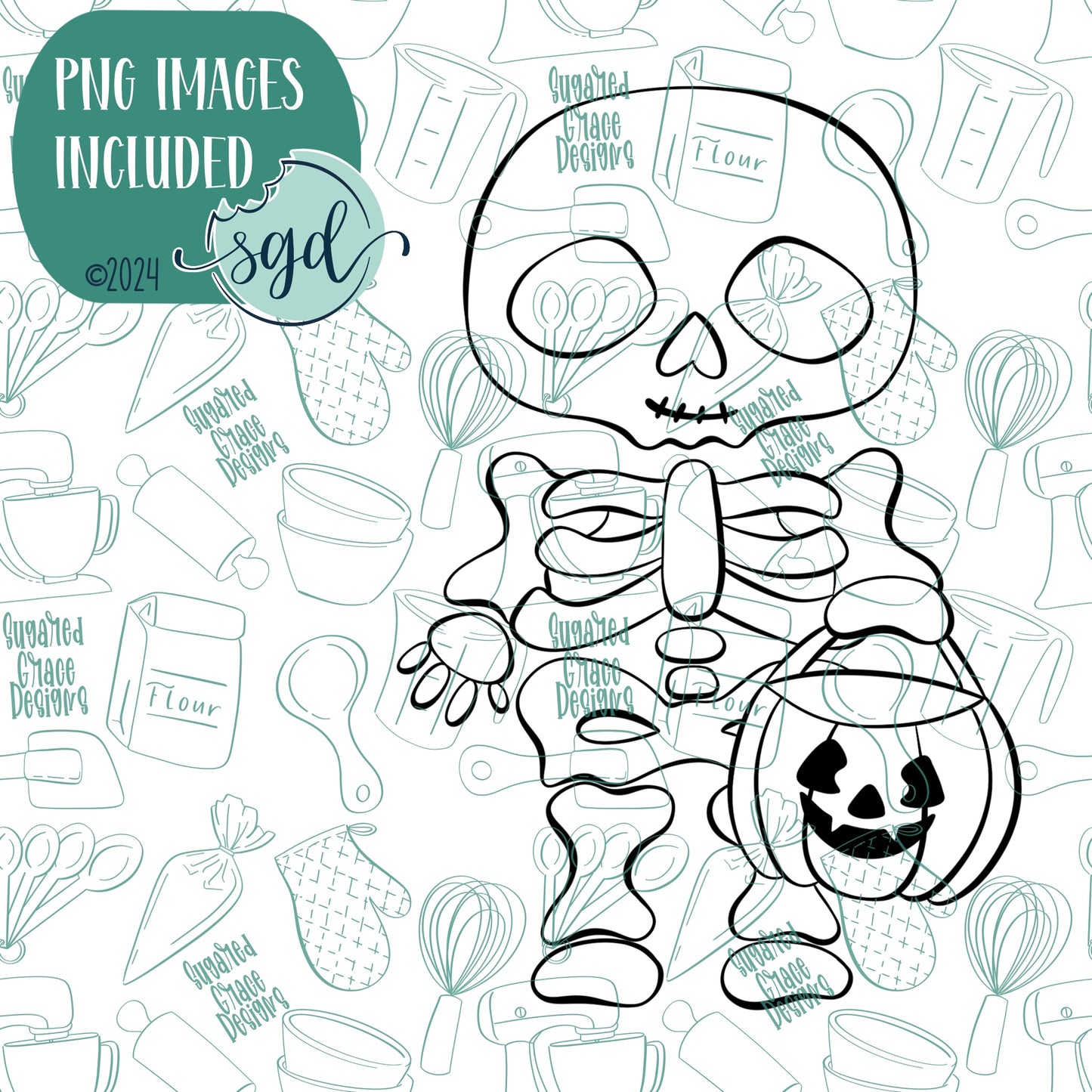 Trick or Treat Skeleton Cookie Cutter with PNG Images to Match - Hand Drawn Graphics for Edible Ink Printers