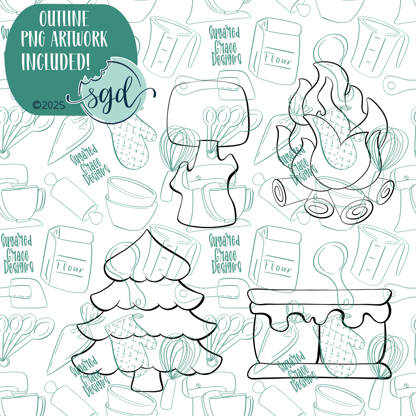 S'more Cookie Cutter Set of 4 with PNG Images to Match - Hand Drawn Graphics for Edible Ink Printers