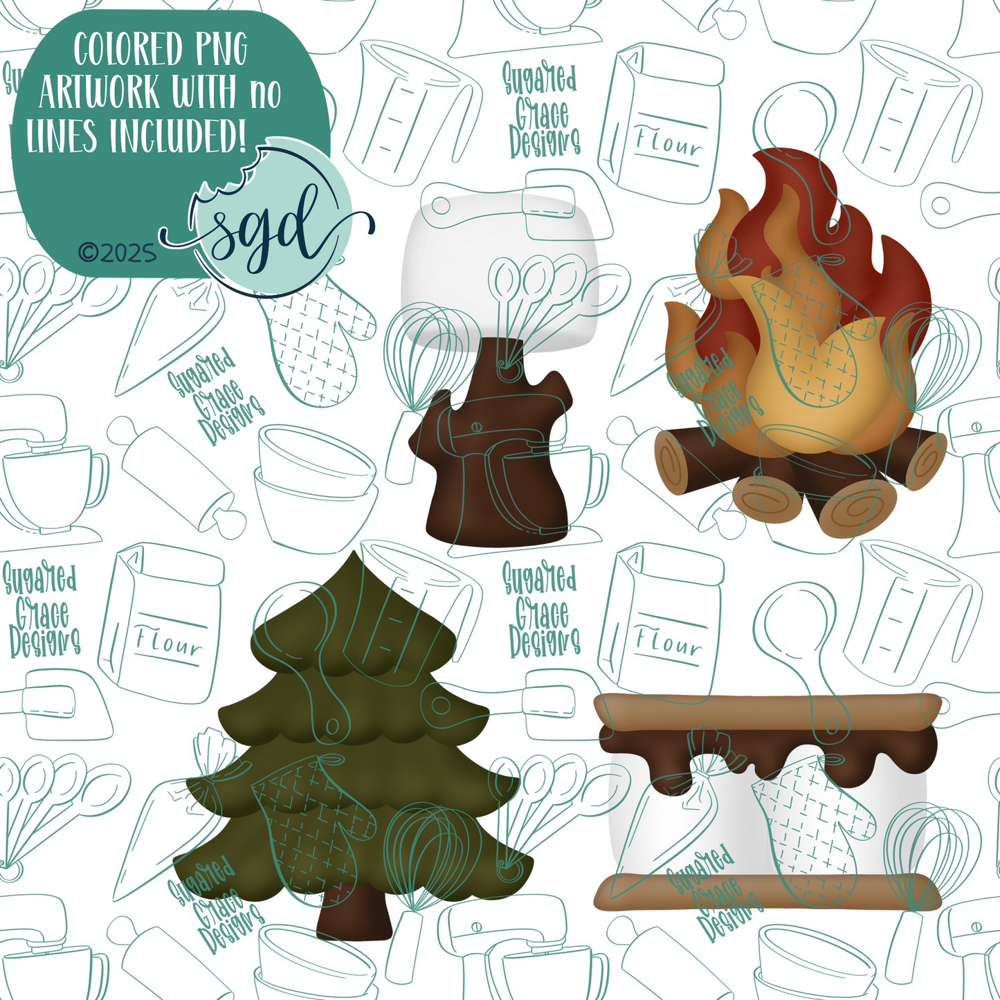 S'more Cookie Cutter Set of 4 with PNG Images to Match - Hand Drawn Graphics for Edible Ink Printers