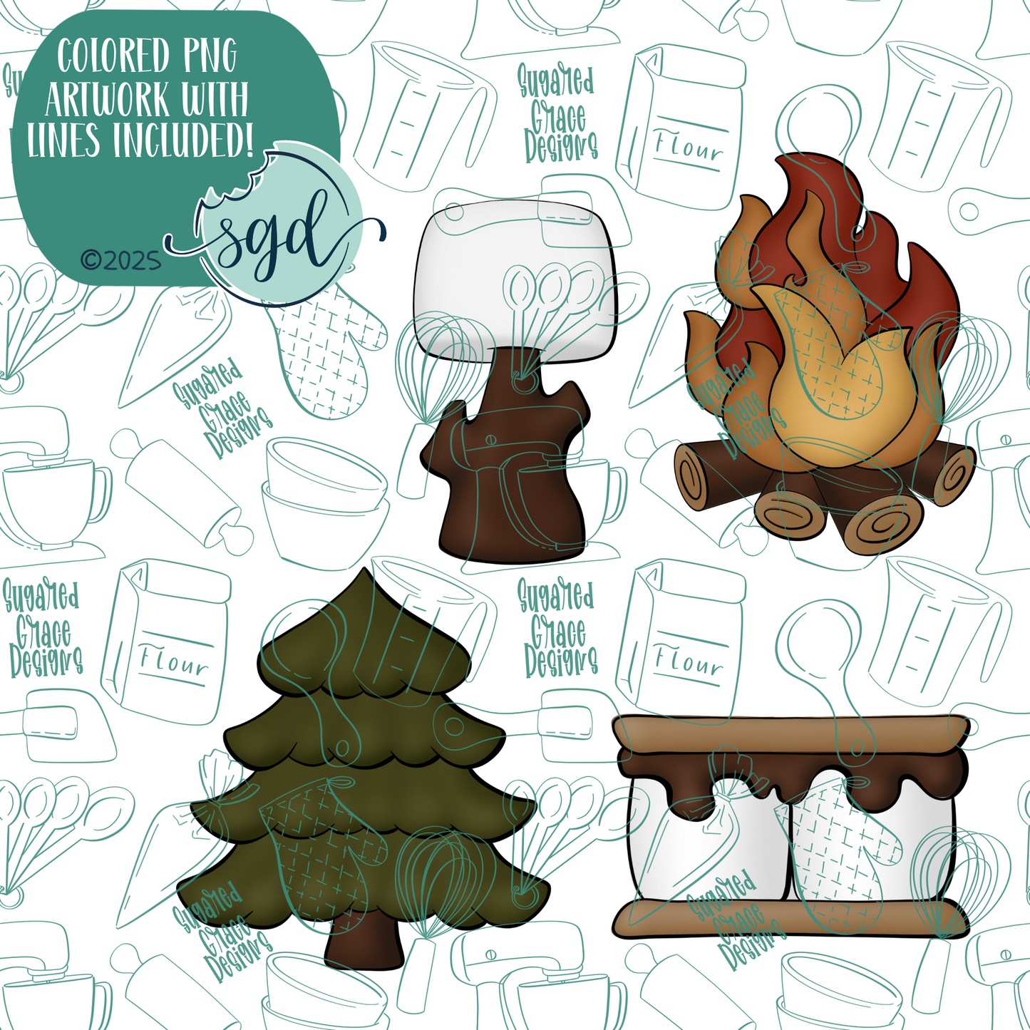 S'more Cookie Cutter Set of 4 with PNG Images to Match - Hand Drawn Graphics for Edible Ink Printers