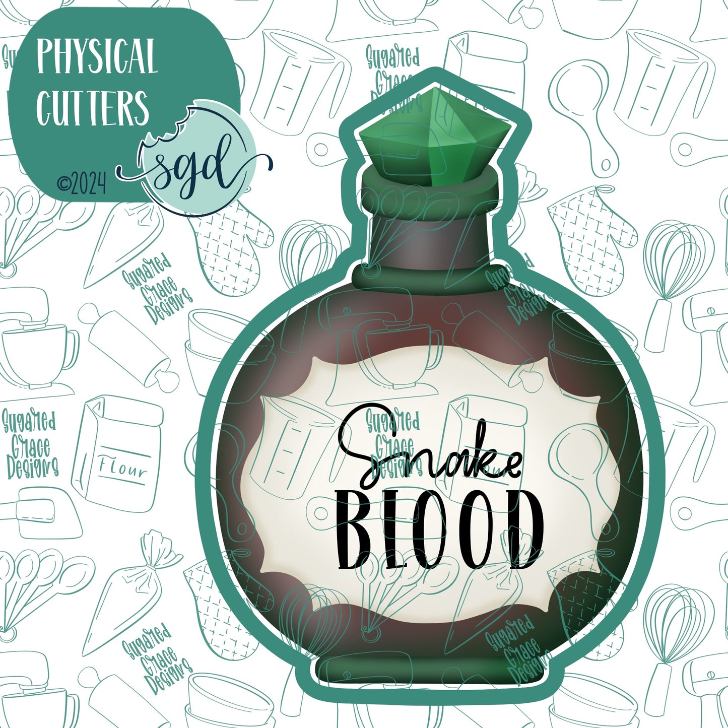 Snake Blood Potion Bottle Cookie Cutter with PNG Images to Match - Hand Drawn Graphics for Edible Ink Printers