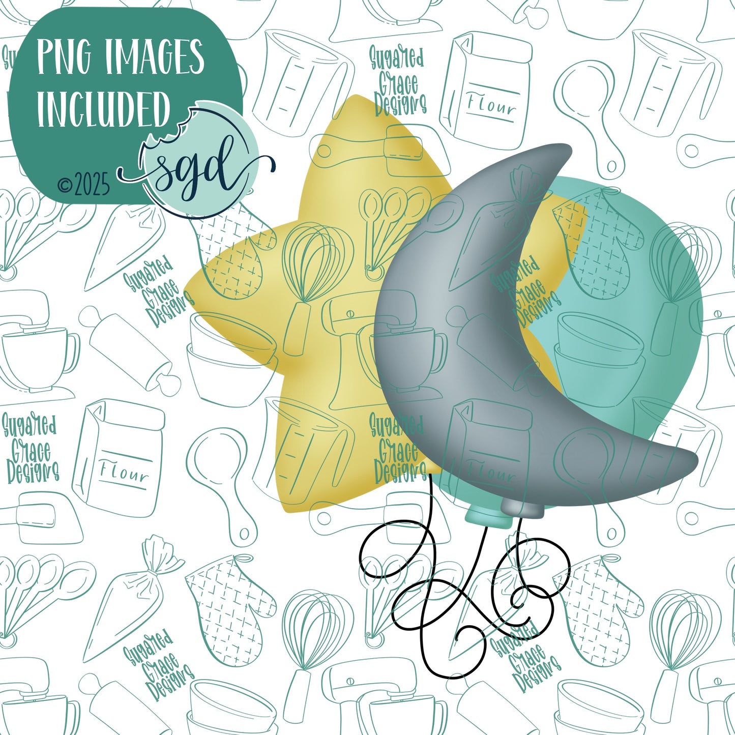 Space Birthday Balloons Cookie Cutter with PNG Images to Match - Hand Drawn Graphics for Edible Ink Printers