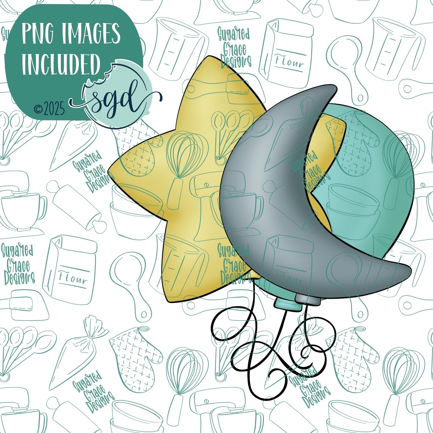 Space Birthday Balloons Cookie Cutter with PNG Images to Match - Hand Drawn Graphics for Edible Ink Printers