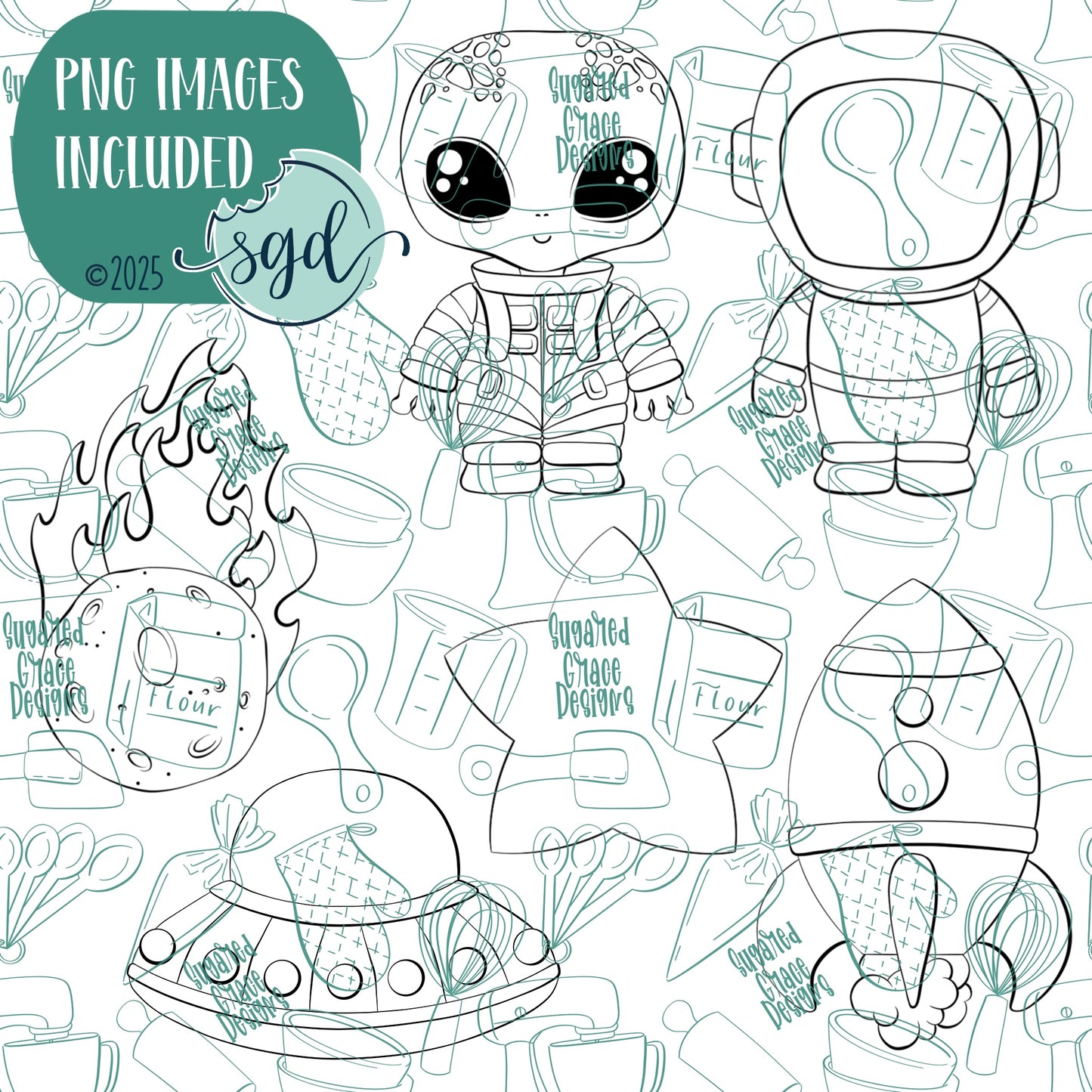 Extraterrestrial Space Cookie Cutter Set of 6 with PNG Images to Match - Hand Drawn Graphics for Edible Ink Printers