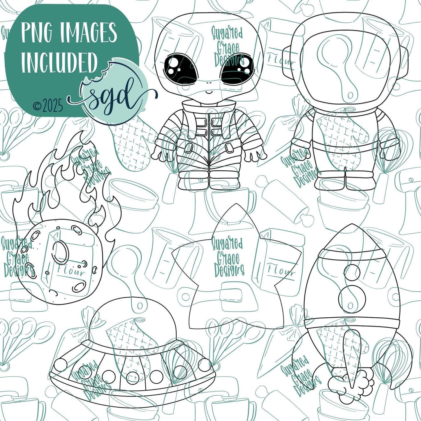 Extraterrestrial Space Cookie Cutter Set of 6 with PNG Images to Match - Hand Drawn Graphics for Edible Ink Printers