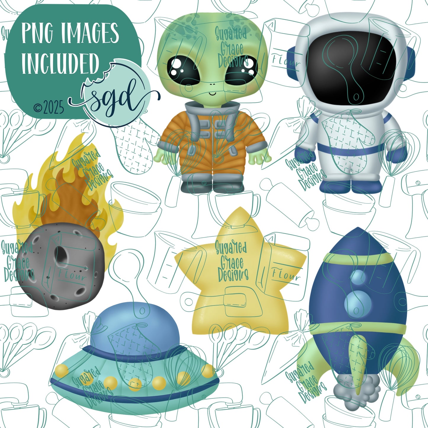 Extraterrestrial Space Cookie Cutter Set of 6 with PNG Images to Match - Hand Drawn Graphics for Edible Ink Printers