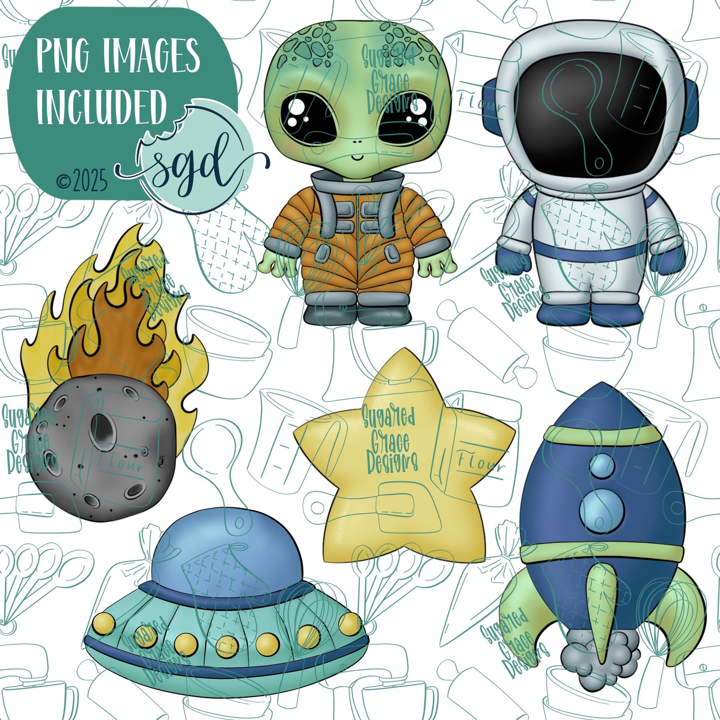 Extraterrestrial Space Cookie Cutter Set of 6 with PNG Images to Match - Hand Drawn Graphics for Edible Ink Printers