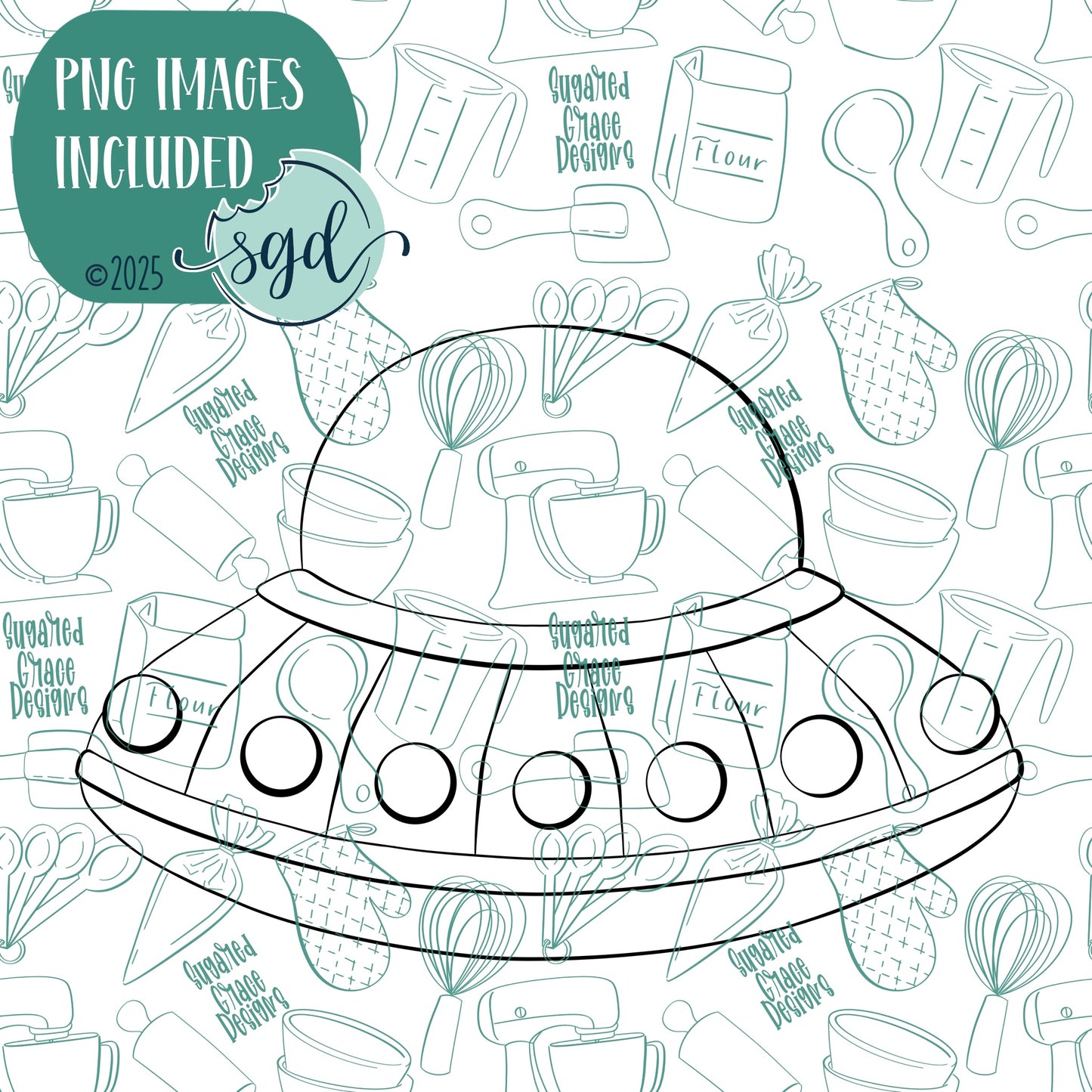 Alien Spaceship or UFO  Cookie Cutter with PNG Images to Match - Hand Drawn Graphics for Edible Ink Printers