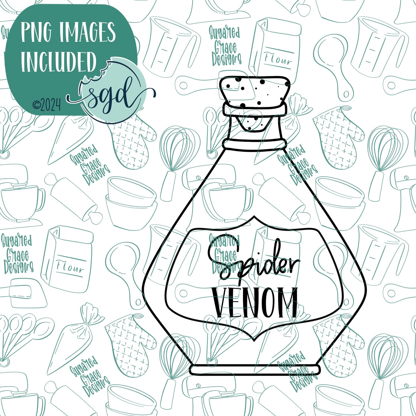 Spider Venom Potion Bottle Cookie Cutter with PNG Images to Match - Hand Drawn Graphics for Edible Ink Printers