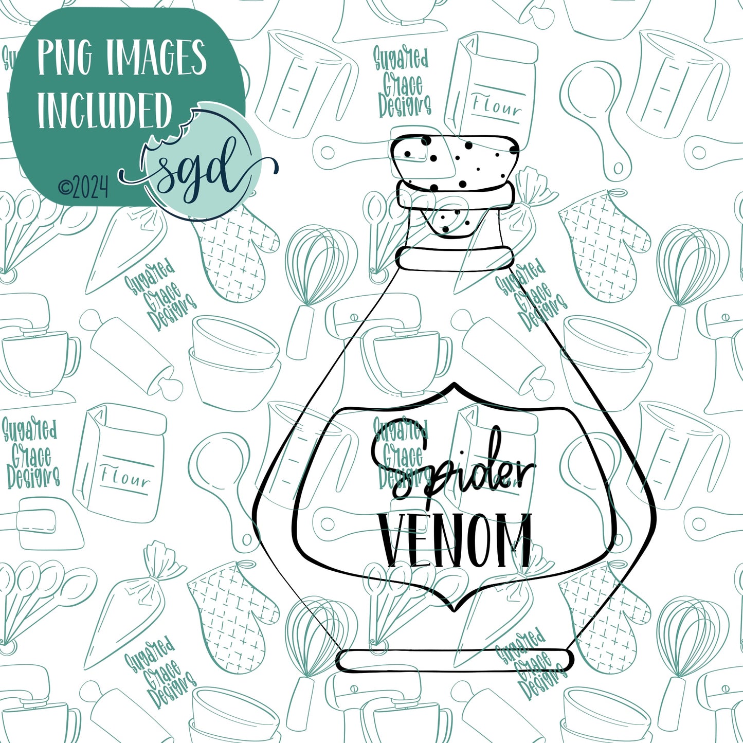 Spider Venom Potion Bottle Cookie Cutter with PNG Images to Match - Hand Drawn Graphics for Edible Ink Printers