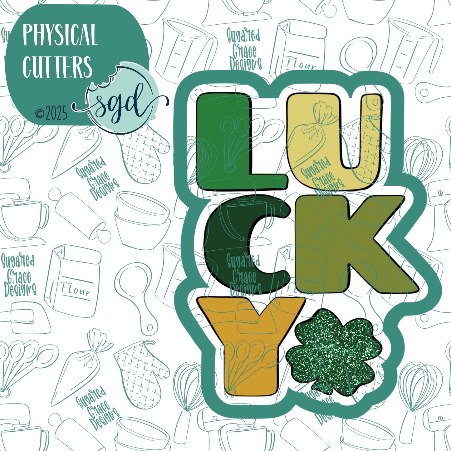 Lucky Word Plaque Cookie Cutter for St Patrick's Day with PNG Images to Match - Hand Drawn Graphics for Edible Ink Printers