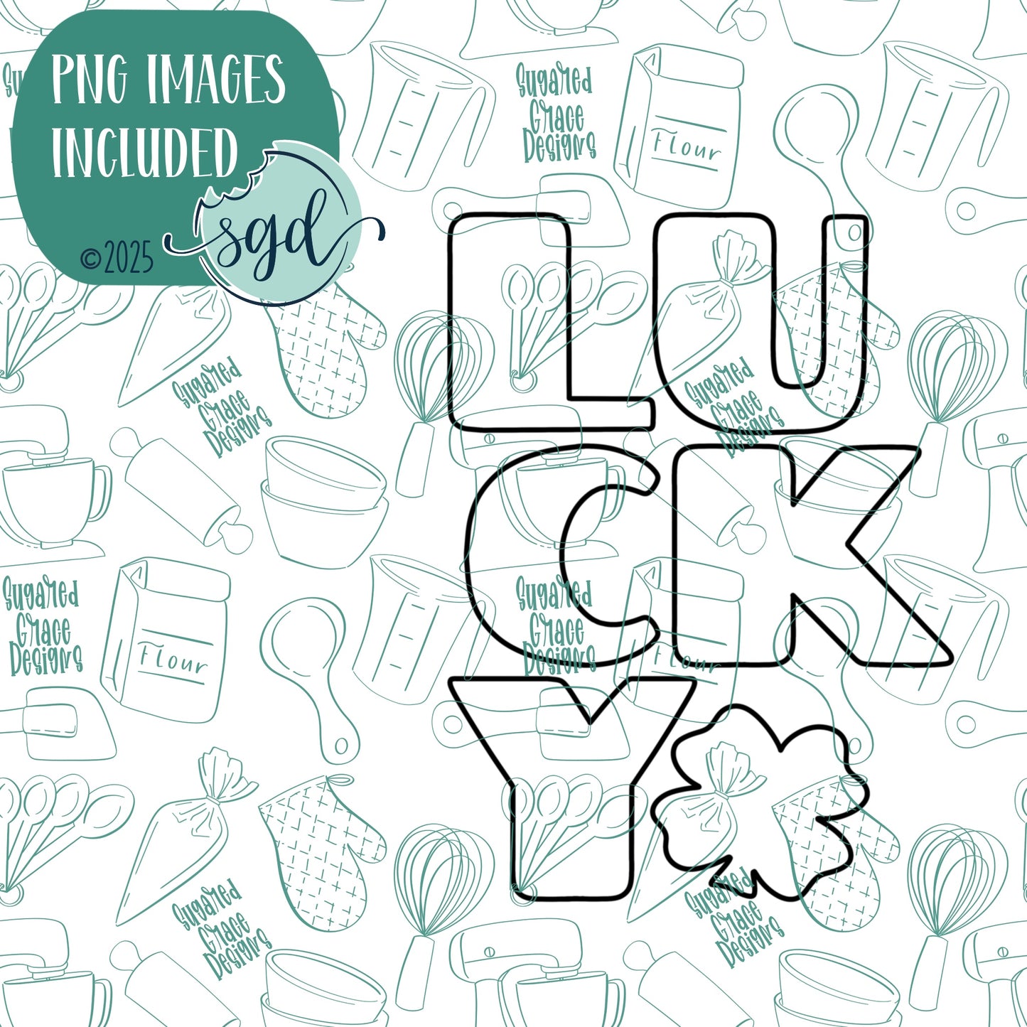 Lucky Word Plaque Cookie Cutter for St Patrick's Day with PNG Images to Match - Hand Drawn Graphics for Edible Ink Printers