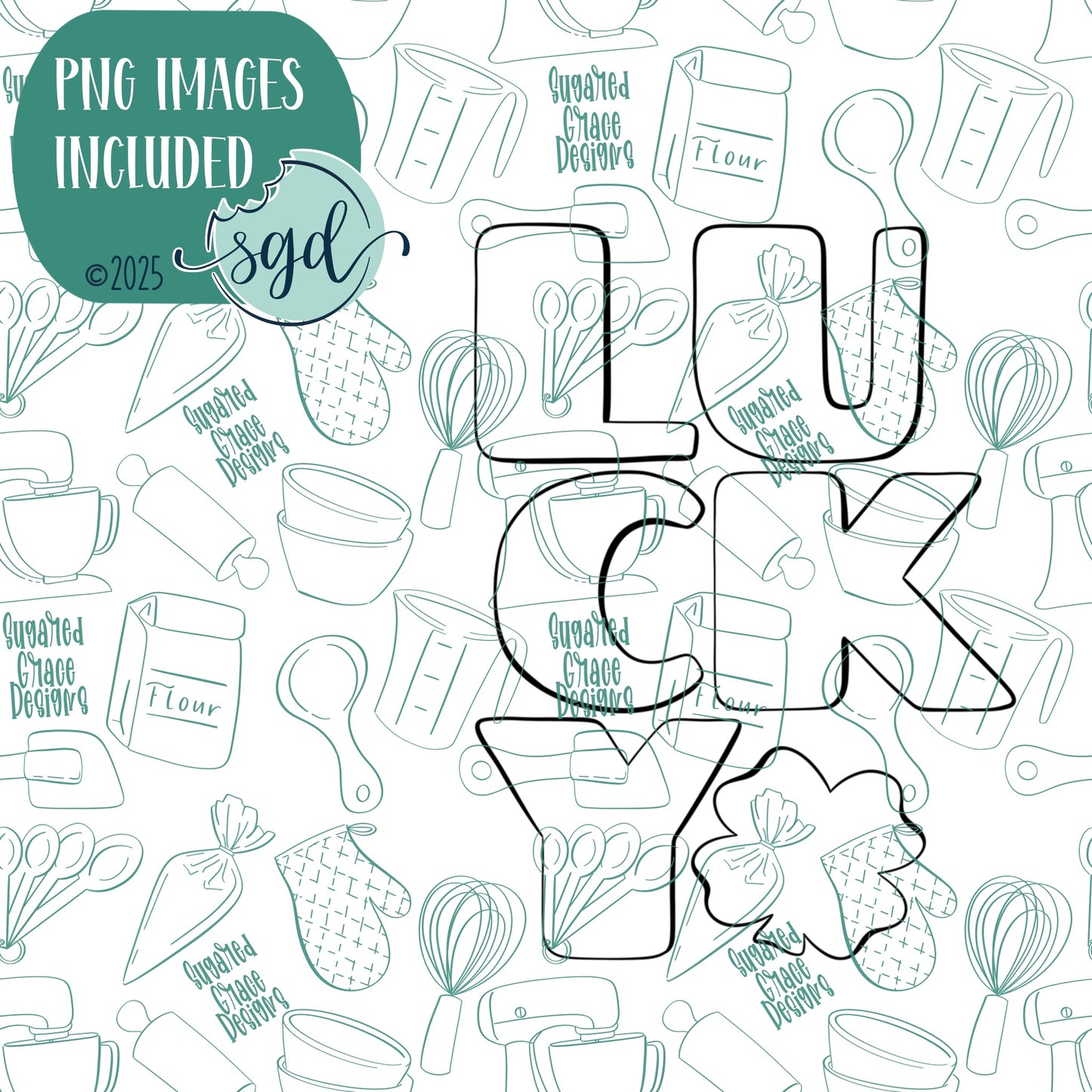 Lucky Word Plaque Cookie Cutter for St Patrick's Day with PNG Images to Match - Hand Drawn Graphics for Edible Ink Printers