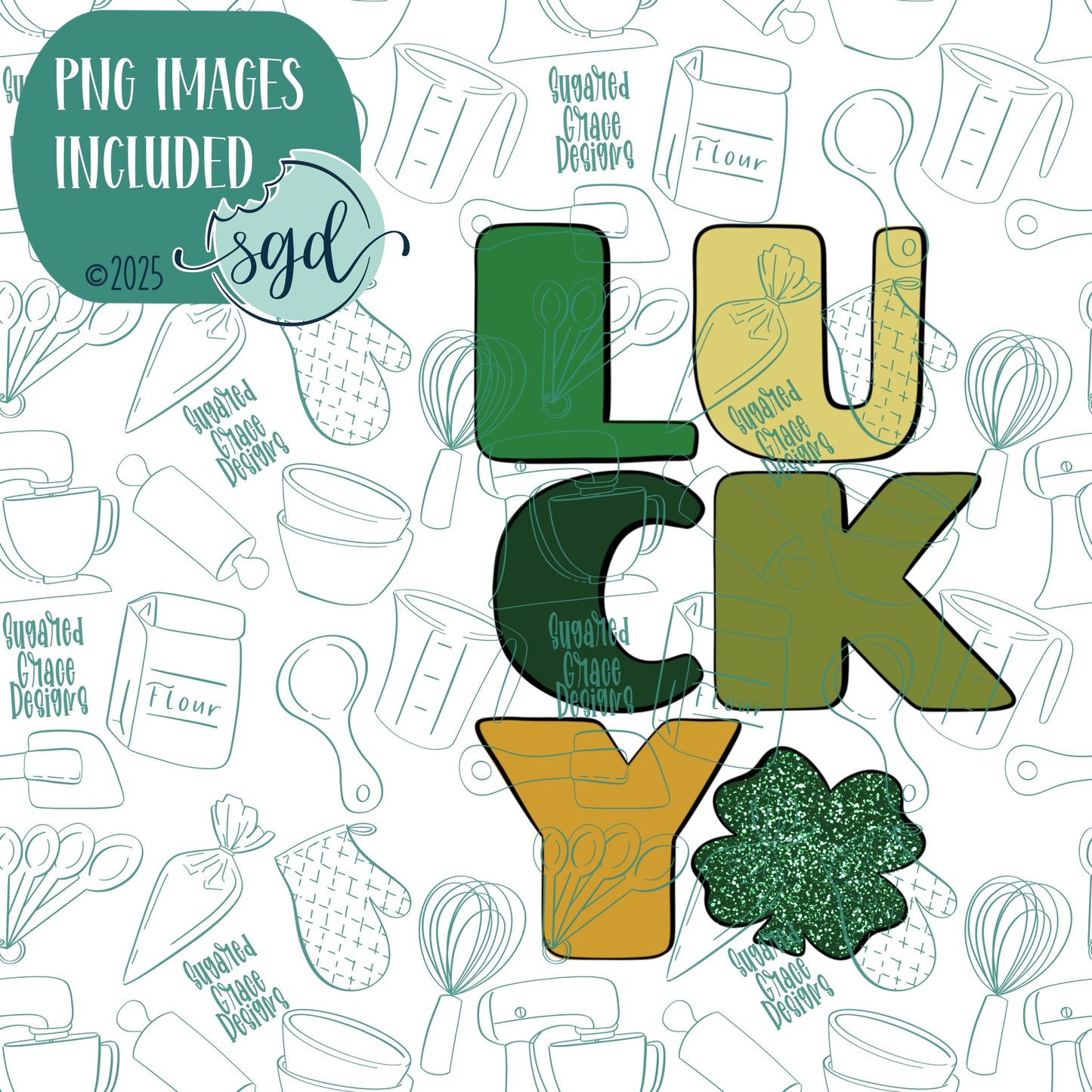 Lucky Word Plaque Cookie Cutter for St Patrick's Day with PNG Images to Match - Hand Drawn Graphics for Edible Ink Printers