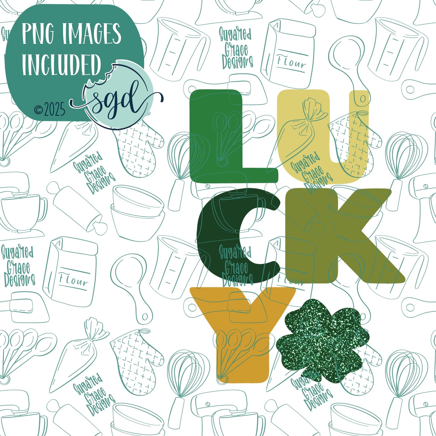 Lucky Word Plaque Cookie Cutter for St Patrick's Day with PNG Images to Match - Hand Drawn Graphics for Edible Ink Printers