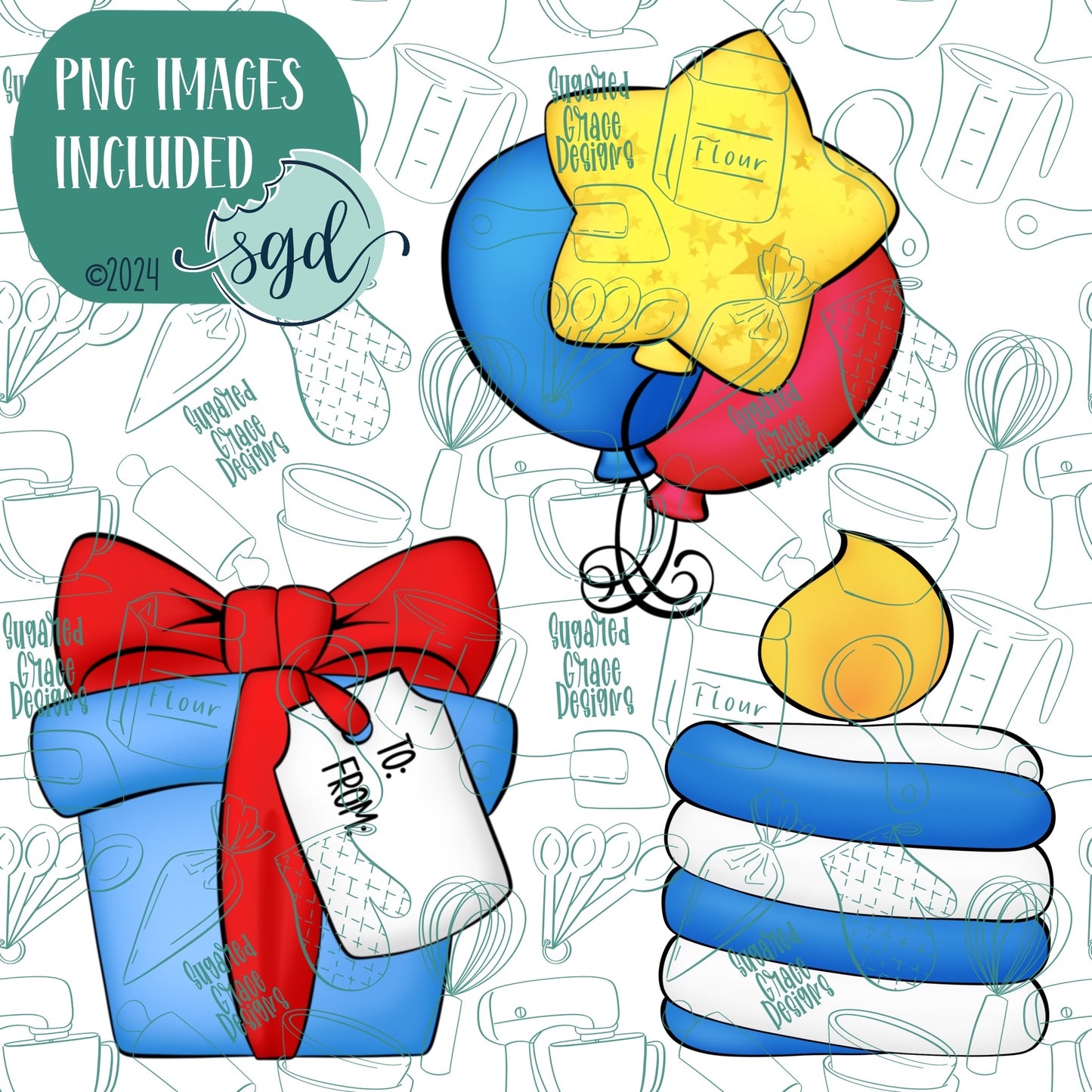 Chubby Birthday Cookie Cutter Set of 3 with PNG Images to Match - Hand Drawn Graphics for Edible Ink Printers