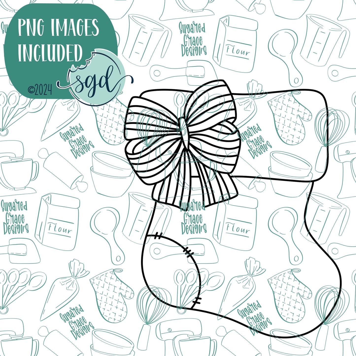 Christmas Stocking with Bow Cookie Cutter with PNG Images to Match - Hand Drawn Graphics for Edible Ink Printers