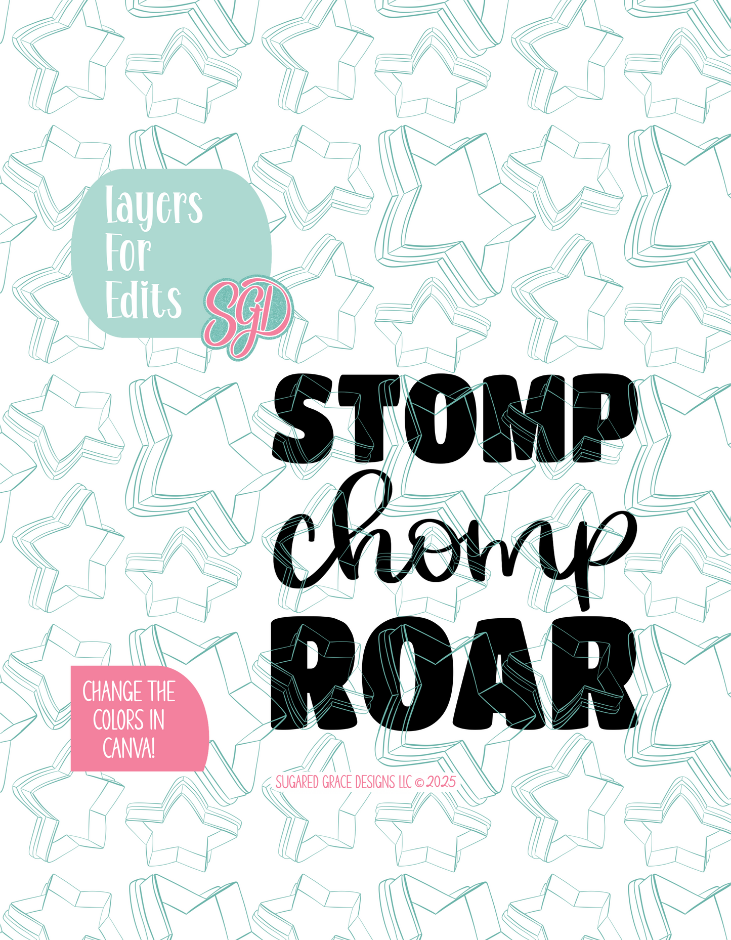 Stomp Chomp Roar Cookie Cutter STL File with PNG Images to Match - For 3D Printing and Edible Ink Printers