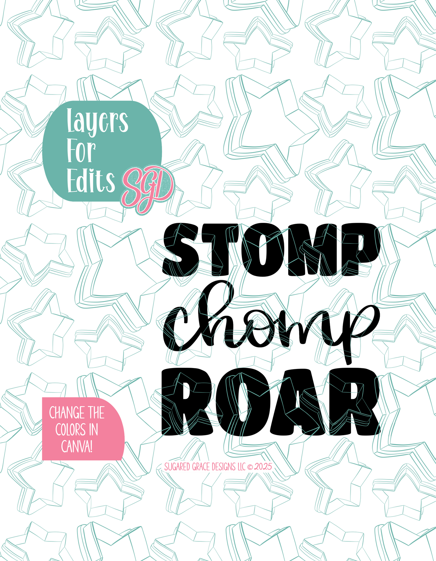 Stomp Chomp Roar Cookie Cutter with PNG Images to Match - Hand Drawn Graphics for Edible Ink Printers