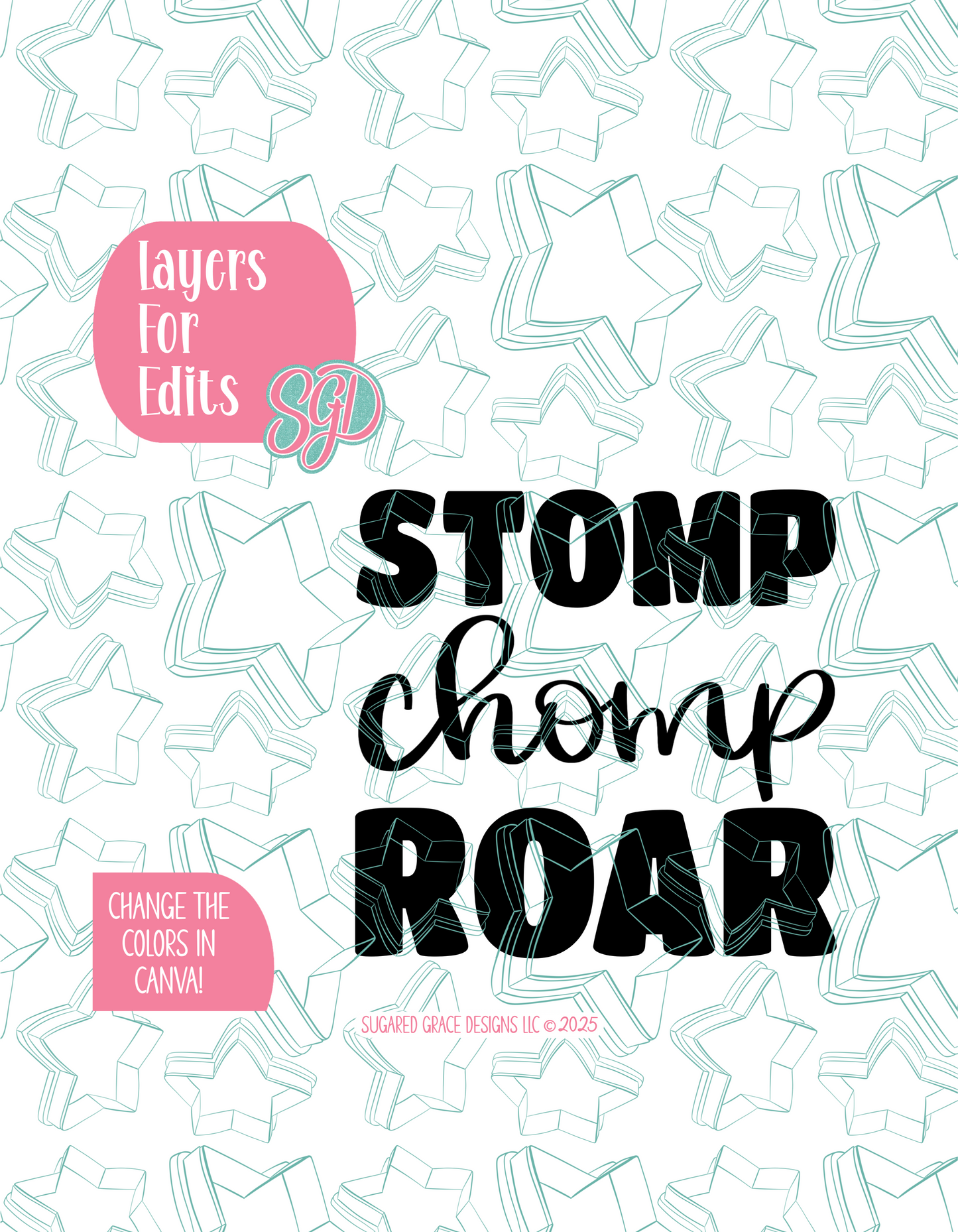 Stomp Chomp Roar PNG Image Set for Edible Ink Printers - Hand Drawn Editable Graphics