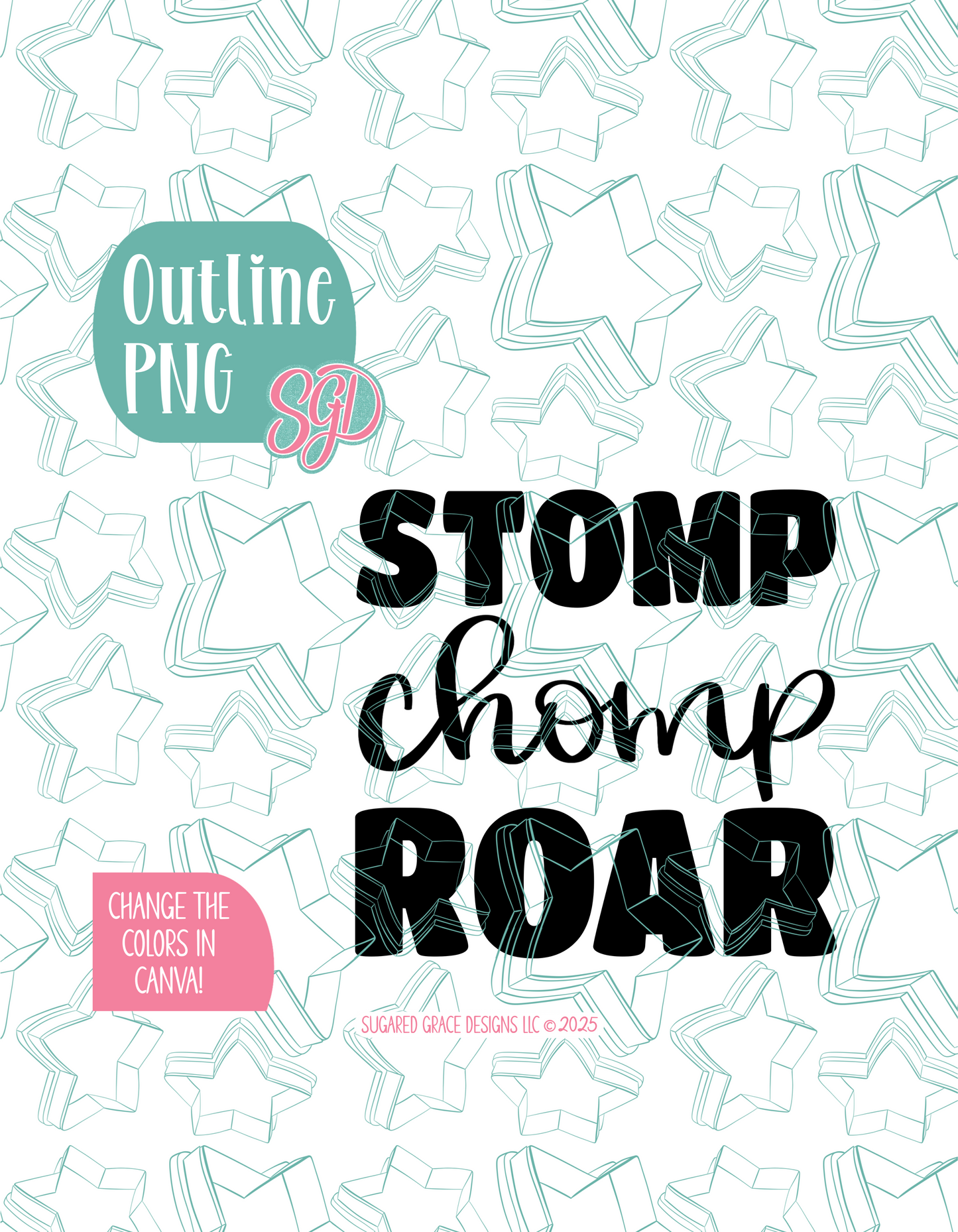 Stomp Chomp Roar Cookie Cutter with PNG Images to Match - Hand Drawn Graphics for Edible Ink Printers