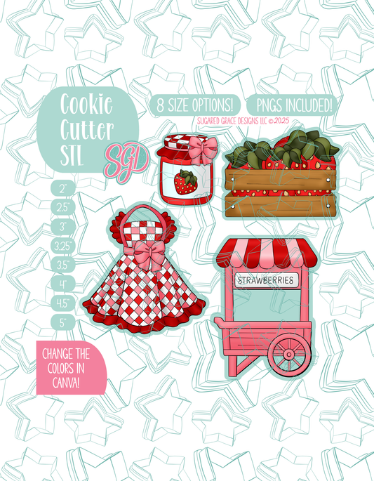 Editable Strawberry Market Cookie Cutter STL and PNG Set with 4 Designs (Digital Download)