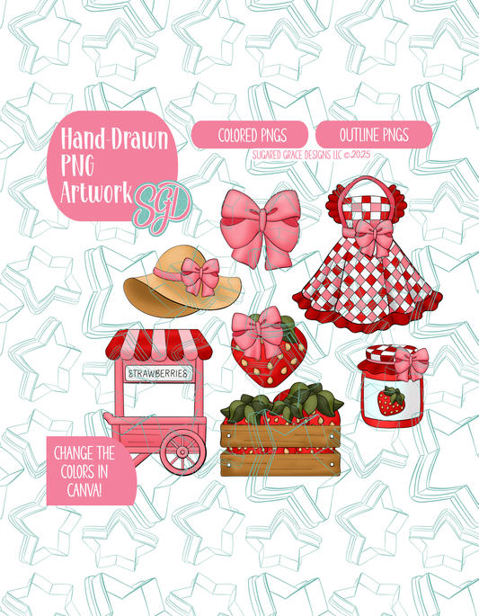Strawberry Market Set of 6 Designs for Edible Ink Printers - Hand Drawn Editable Graphics (Digital Download)