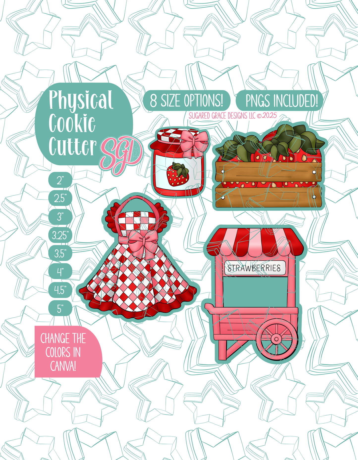 Strawberry Market Cookie Cutter set with matching PNG - Set of 4 Designs