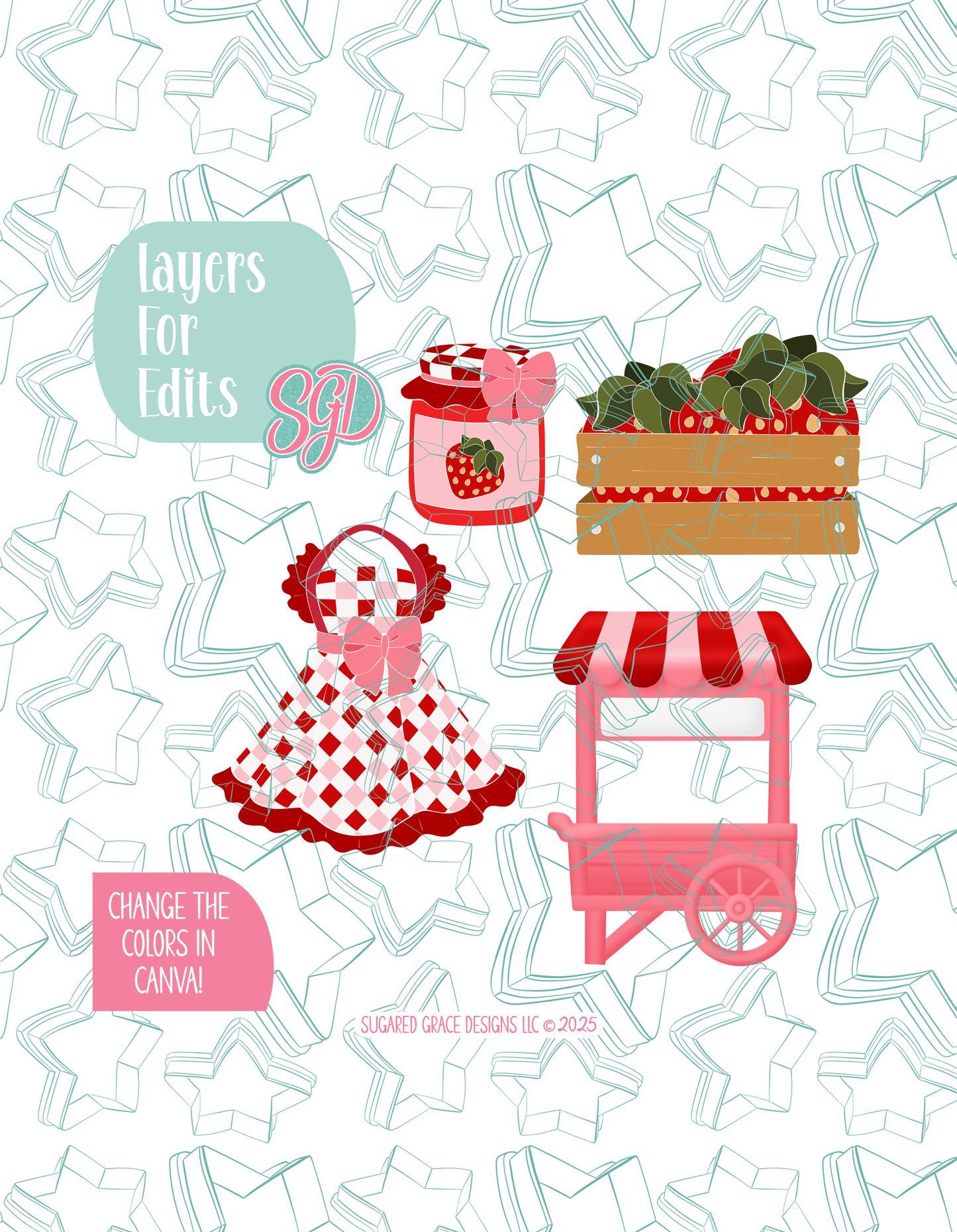 Editable Strawberry Market Cookie Cutter STL and PNG Set with 4 Designs (Digital Download)