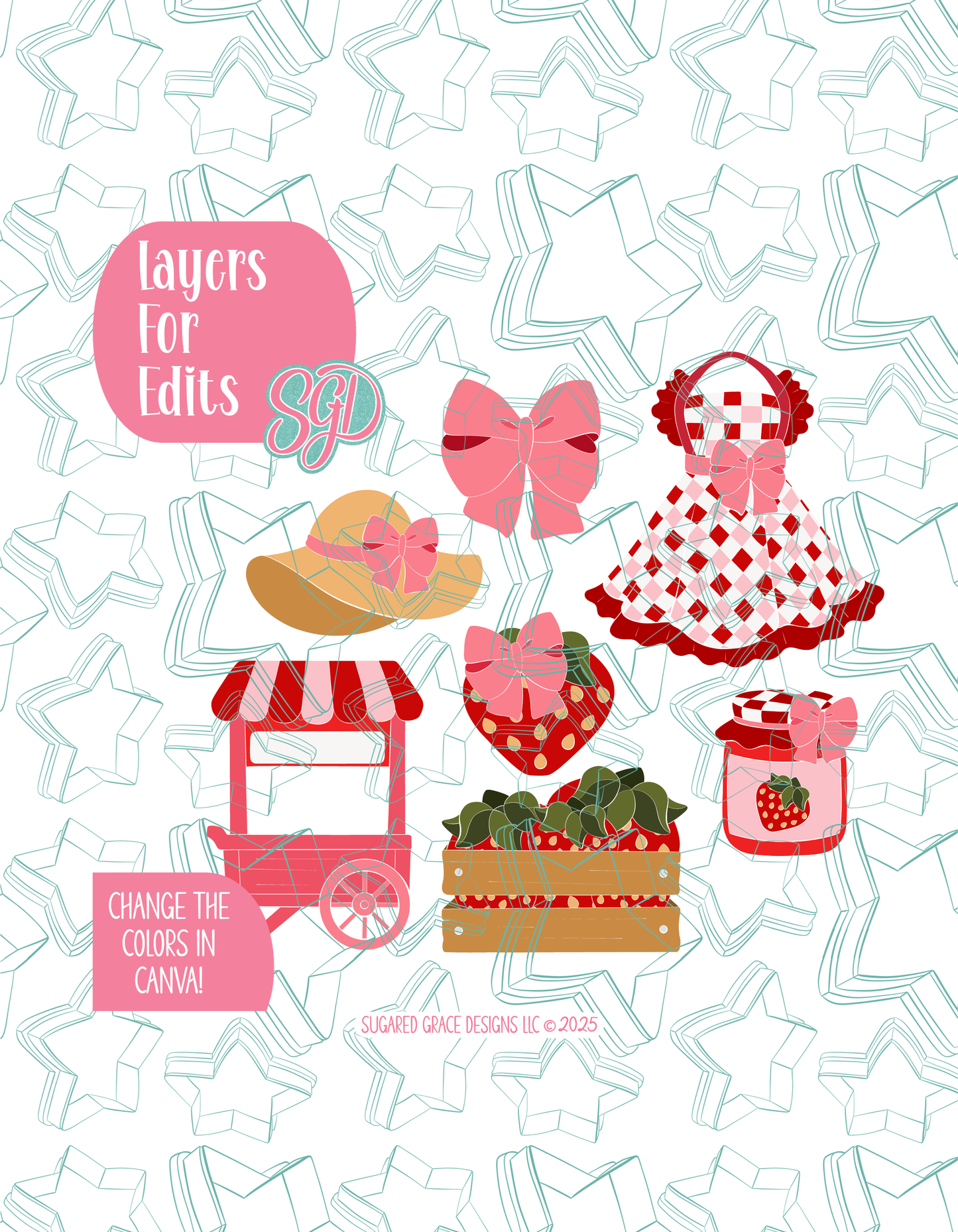 Strawberry Market Set of 6 Designs for Edible Ink Printers - Hand Drawn Editable Graphics (Digital Download)