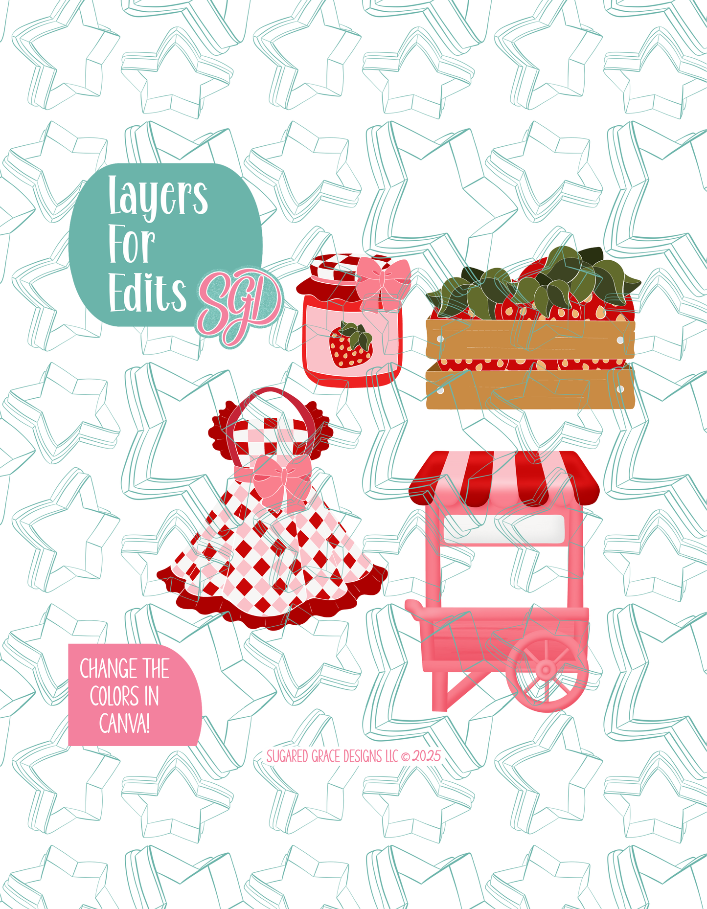 Strawberry Market Cookie Cutter set with matching PNG - Set of 4 Designs