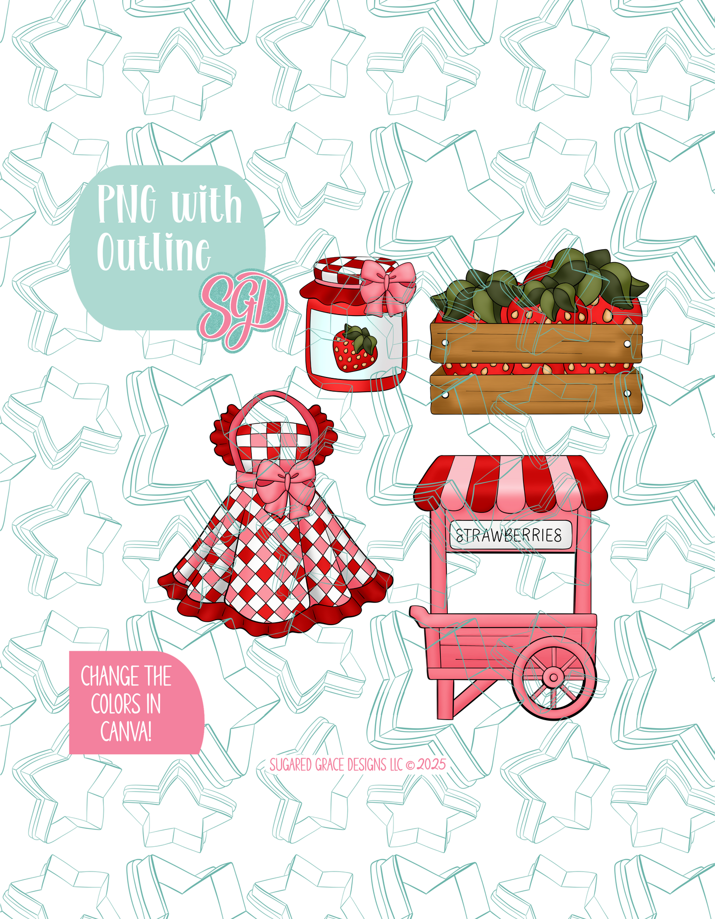Editable Strawberry Market Cookie Cutter STL and PNG Set with 4 Designs (Digital Download)