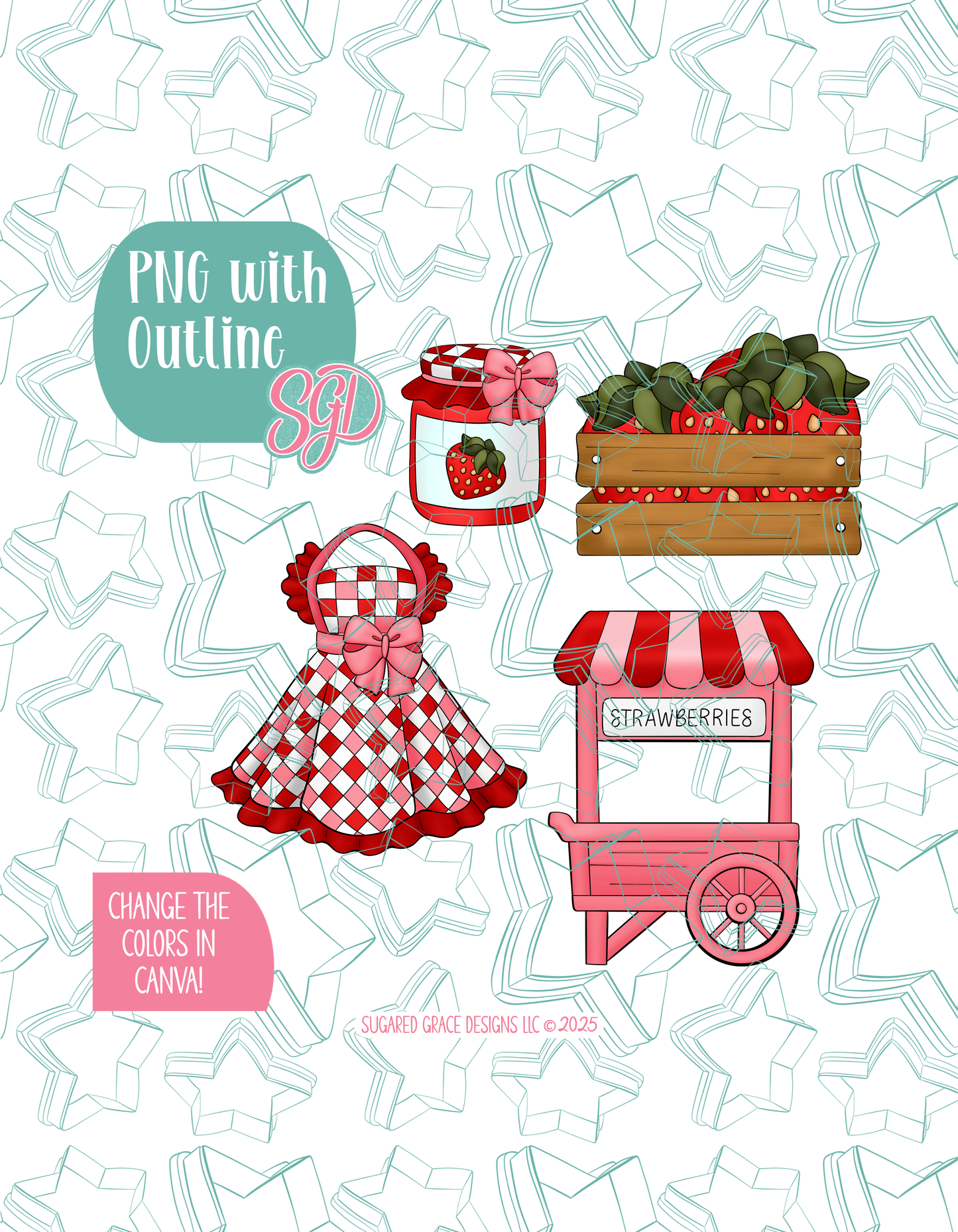 Strawberry Market Cookie Cutter set with matching PNG - Set of 4 Designs