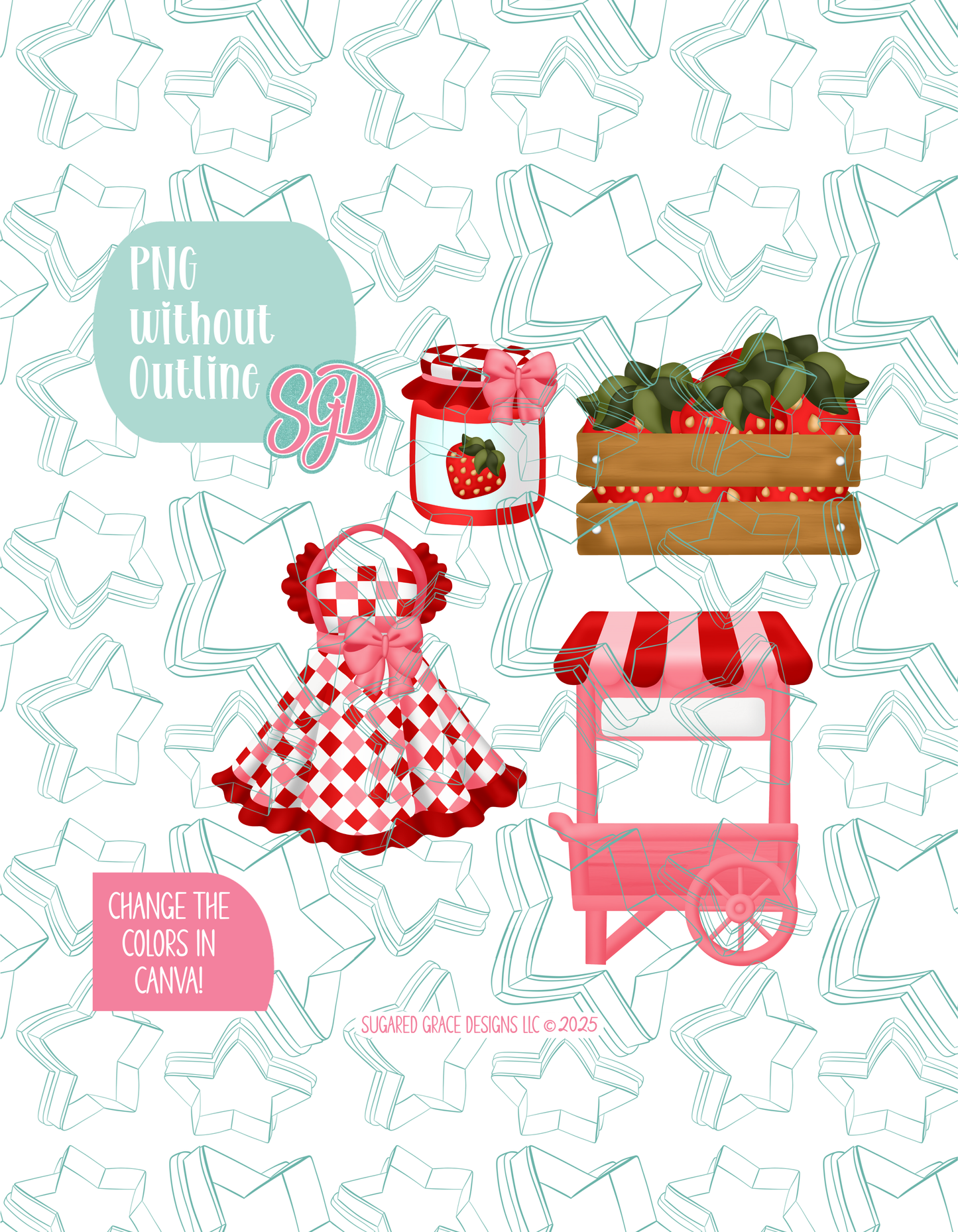 Editable Strawberry Market Cookie Cutter STL and PNG Set with 4 Designs (Digital Download)