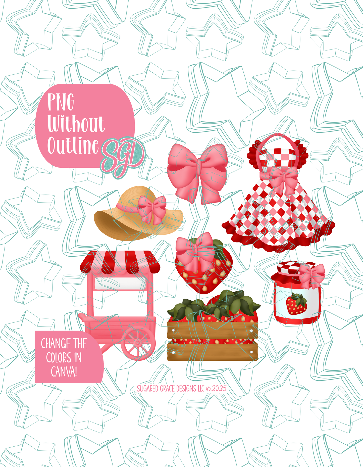 Strawberry Market Set of 6 Designs for Edible Ink Printers - Hand Drawn Editable Graphics (Digital Download)