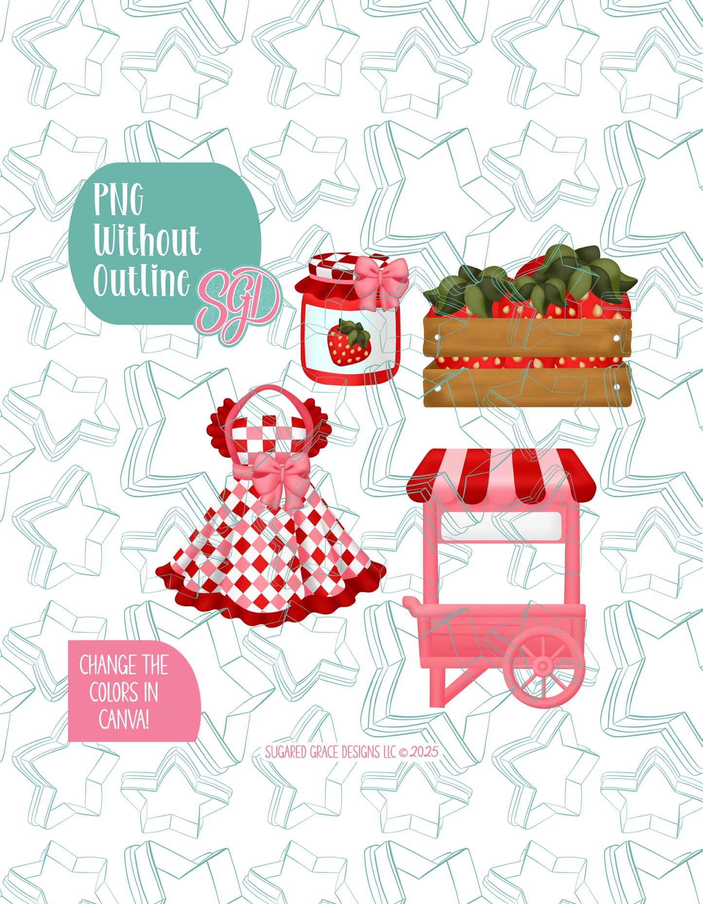 Strawberry Market Cookie Cutter set with matching PNG - Set of 4 Designs
